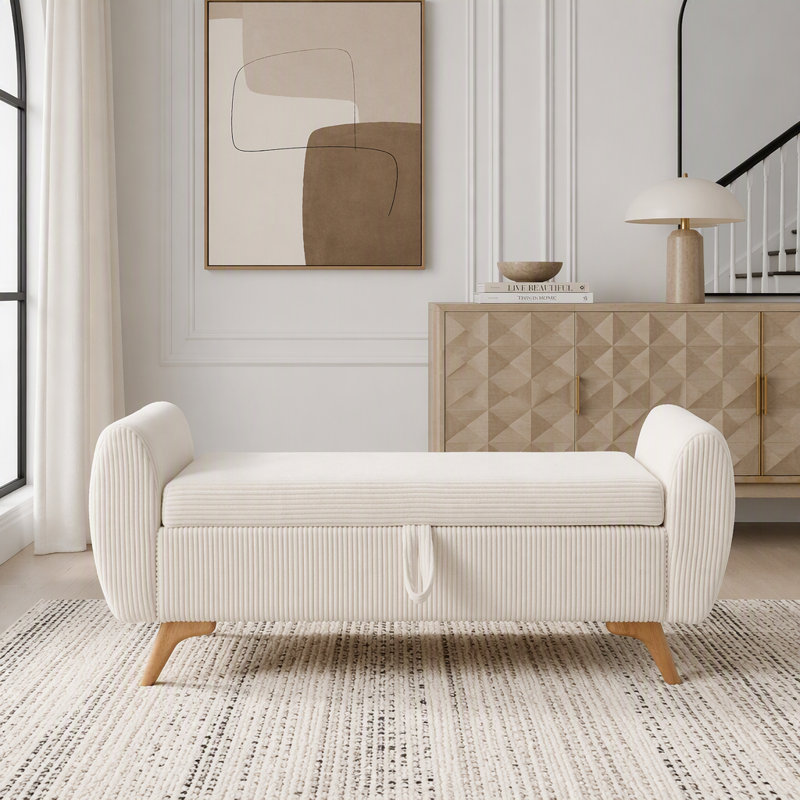 Banc rembourré en velours côtelé avec rangement 57 po, Noir