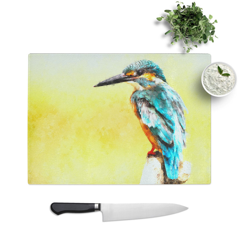 Tempered Glass Blue Kingfisher Chopping Board, 28.5 cm x 39 cm