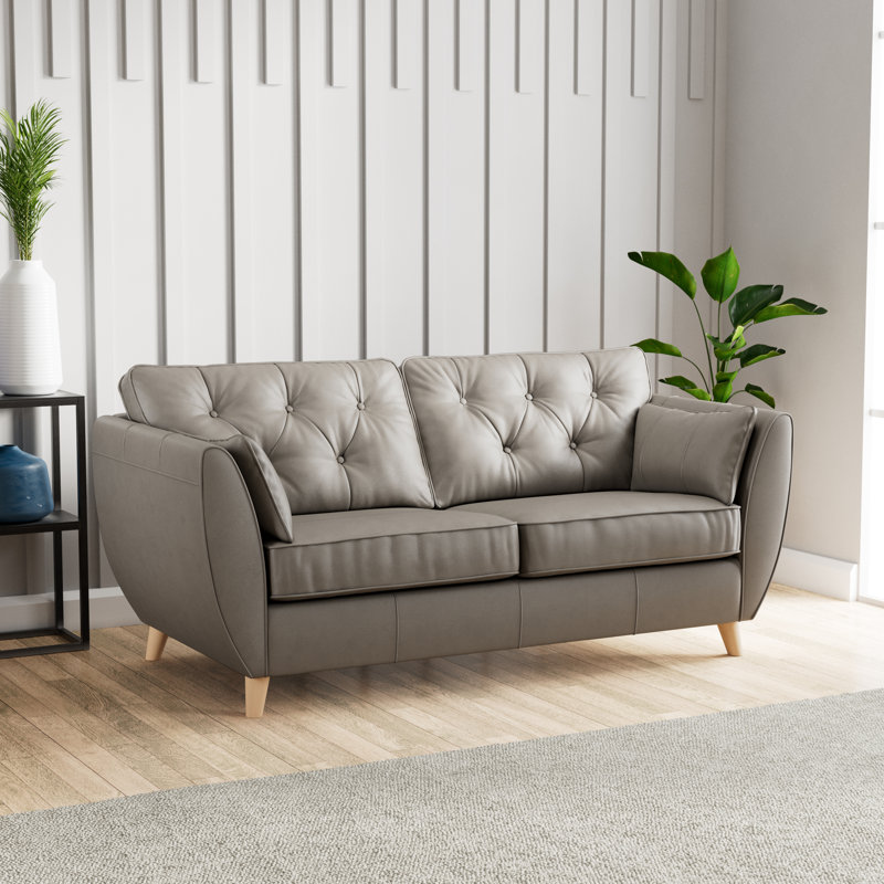 Marylin 3 Seater Leather Sofa, Stone, Light Wood