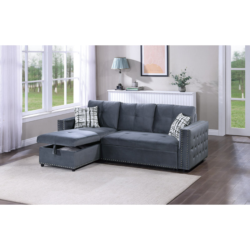 Convertible Sectional Sofa Pull out Bed, Velvet Gray