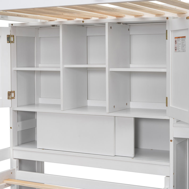 Lit mezzanine simple au-dessus de simple avec bureau intégré et escalier, avec compartiments de rangement et tablettes, Blanc