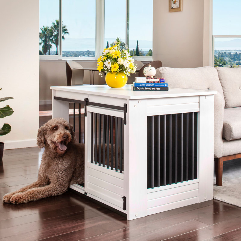 Cage pour chien Tucker Murphy Antique White Barn Door Furniture, grande taille, Grand (H 27,48 po x l 27,01 po x P 37,64 po)