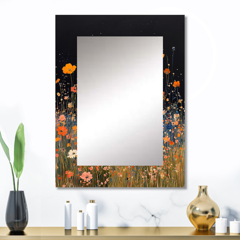 Jaune fleurs jaunes, Mid Night Meadow III - miroir mural fleurs sauvages, miroir décoratif traditionnel, impression d'art en métal