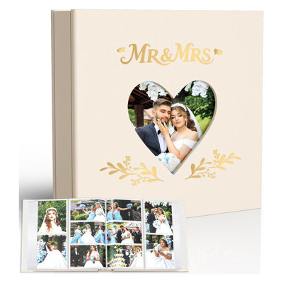 Beige Linen Wedding Photo Album, 400 4x6 Picture Memory Book with Gold Embossing and Heart Cut-Out