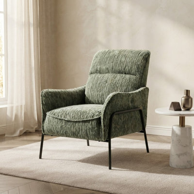 Fauteuil moderne rembourré simple, fauteuil d'appoint en tissu texturé rayé avec structure en métal noir pour le bureau du salon