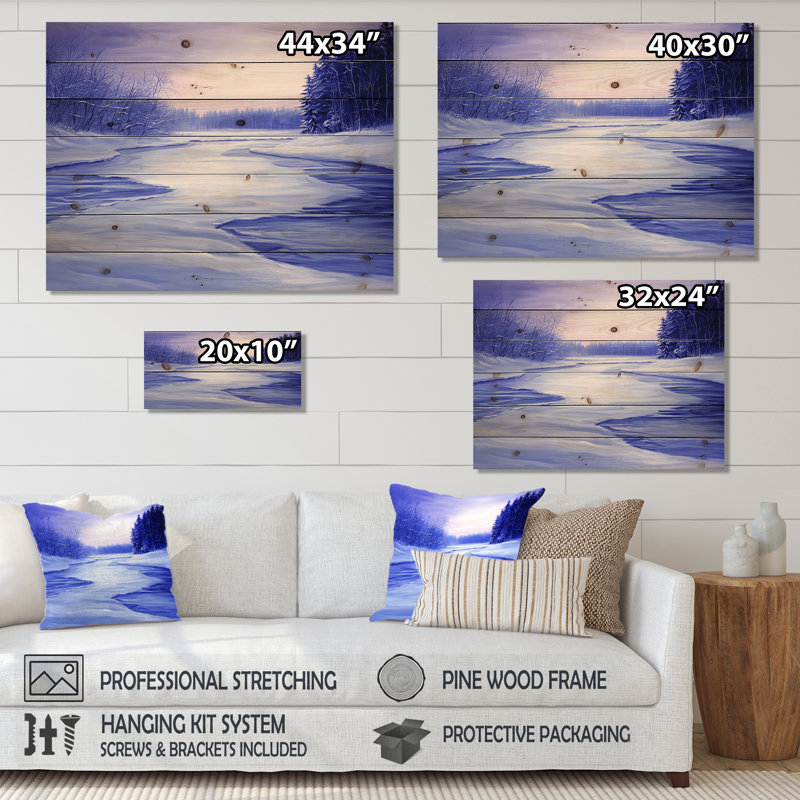 Frozen River In Winter Landscape II - Art mural traditionnel sur bois de pin naturel, H 30 po x l 40 po