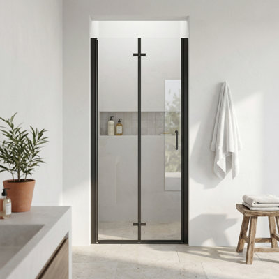 Porte de douche pivotante sans cadre, 86-90 cm de largeur x 183 cm de hauteur, en verre trempé transparent de 6 mm, installation réversible, noir mat