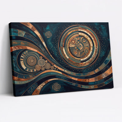 Teal And Copper Abstract Geometric Swirl Pattern Canvas Wall Art