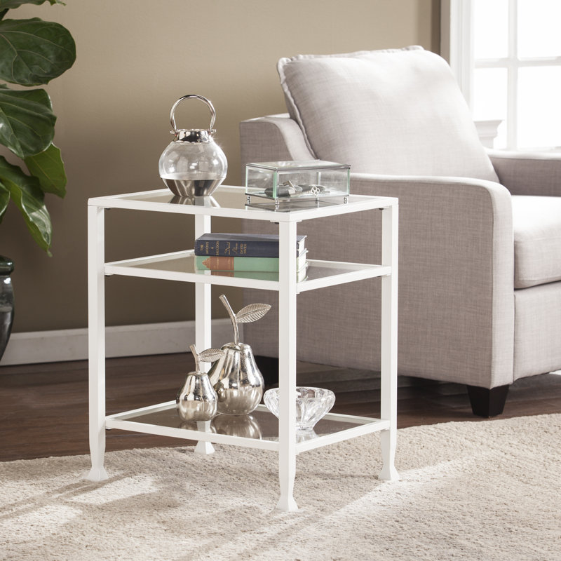 Jordyan Glass Top End Table, White
