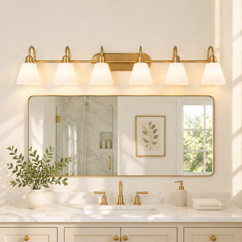 6 - Light Dimmable Vanity Light with Frosted Glass Shades, Brushed Gold