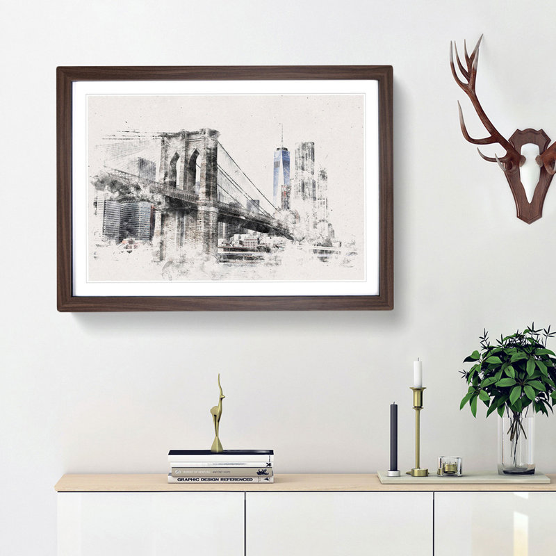 Brooklyn Bridge in New York - Picture Frame Graphic Art Print, 62cm H x 87cm W x 2cm D, Walnut Framed