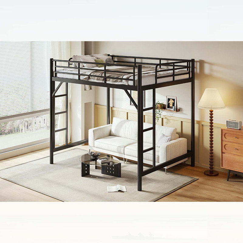 Grand lit mezzanine en métal avec échelle facile à monter, garde-corps et conception compacte, idéal pour les dortoirs et les chambres à coucher, noir