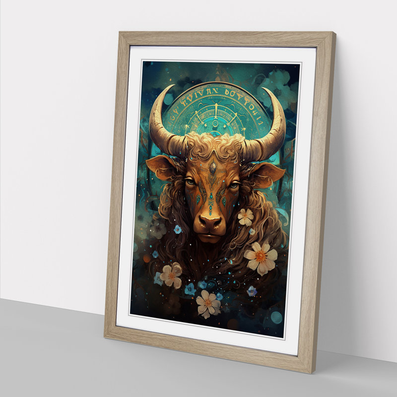 XYZ-FRM-V1223-6122 Taurus Zodiac Tachisme No.2 - Single Picture Frame Print on Wood, 34cm H x 25cm W x 2cm D, Oak 