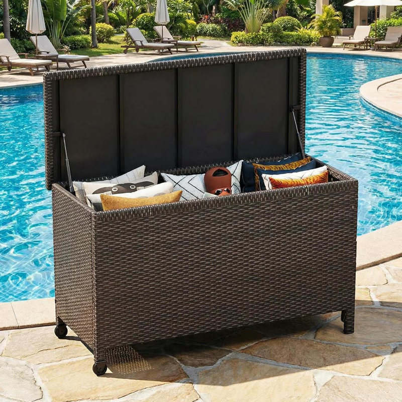 125 Gallon Wicker Deck Box, All-Weather Rattan Patio Storage Box for Cushions, Pool Toys & Garden Tools, Brown