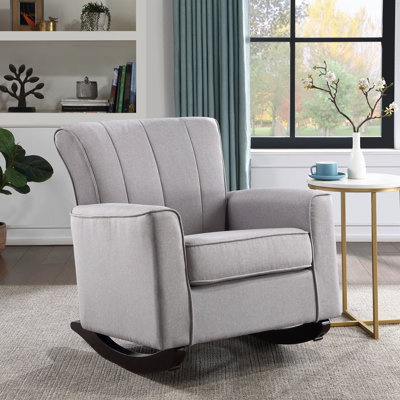 Chaise berçante en lin gris, siège à ressorts ensachés, pieds en bois, assise de 20 po de largeur, 22 po de hauteur, densité de mousse D18 / 24, longueur de couloir, 34 po de produit, 32 po de profondeur, 35 po et 65 lb de poids