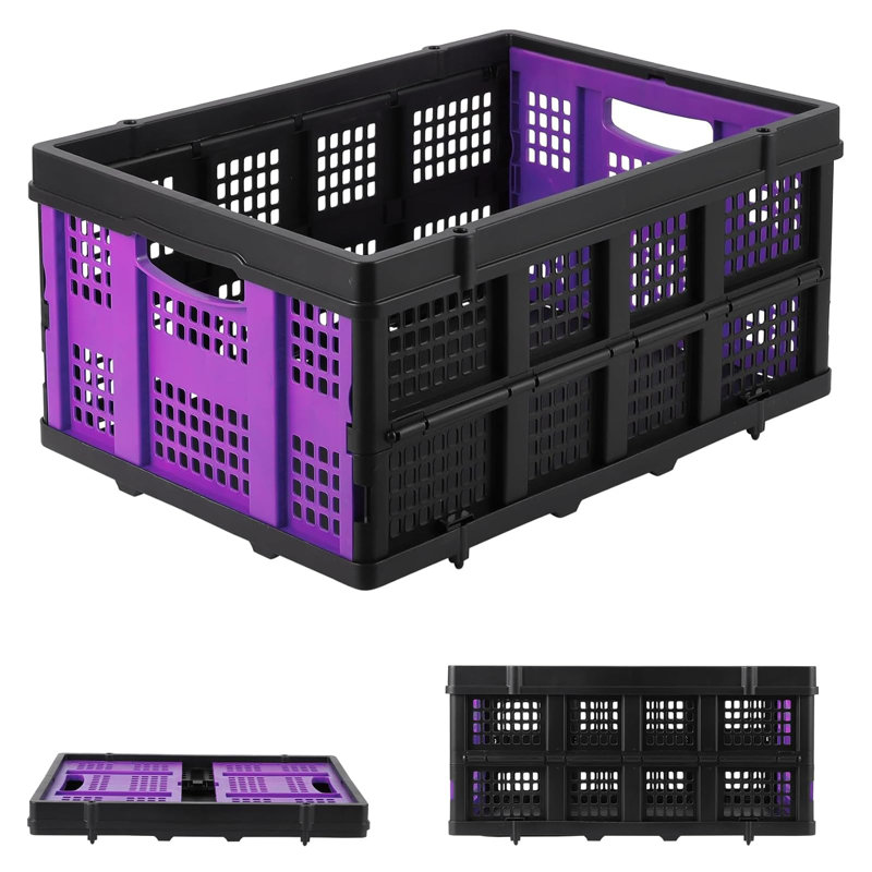 Panier en plastique pliable 55L avec poignées latérales pour la nourriture, les boissons, les livres, les outils,, Mauve