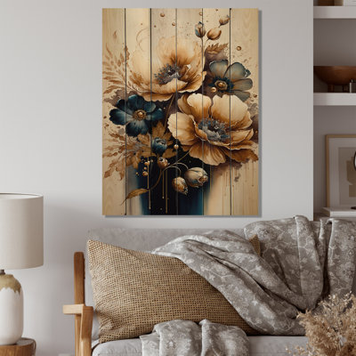 Aidon, coquelicots bruns et dorés - impression sur bois sans cadre