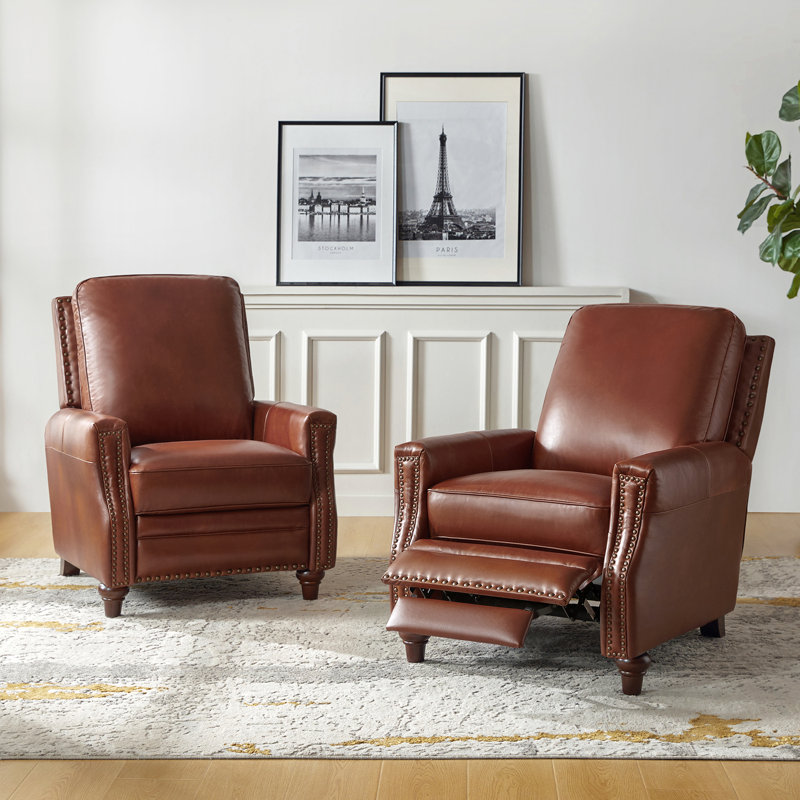 Andrena 34" W Top Grain Leather Recliner with Nailhead Trim (Set of 2) , Top Grain Leather Brown