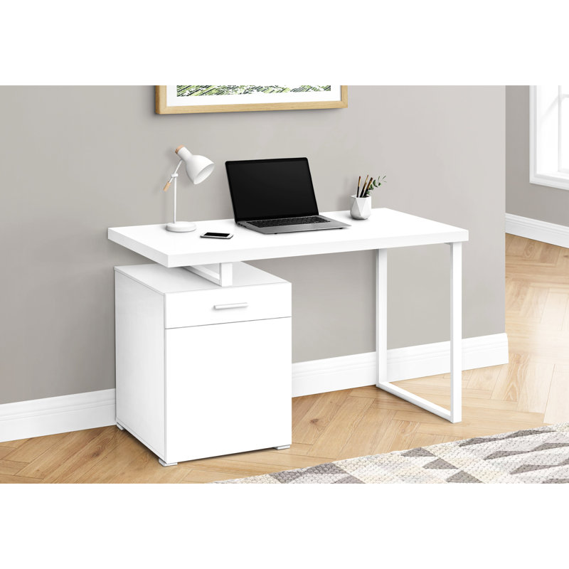 Bureau moderne de 122 cm (48 po) de long - Stratifié blanc et métal, avec tiroir de rangement et compartiment pour ordinateur, plateau flottant épais avec rangement intégré, 59 cm (23,22 po) de largeur x 76 cm (30 po) de hauteur