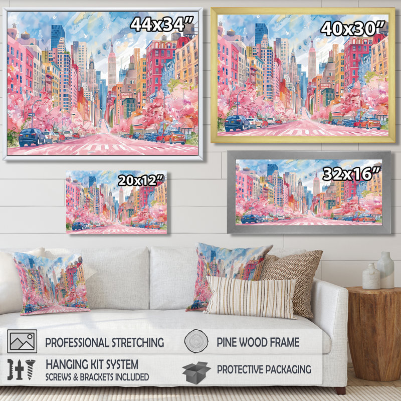 Rose, bleu, bâtiments de New York en été - salon d'art mural de New York, Toile tendue, H 16 po x l 32 po