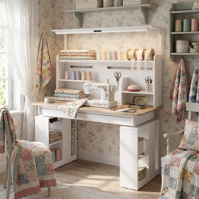 Table de couture et d'artisanat à hauteur réglable avec préréglages de mémoire - Bureau debout multifonctionnel avec rangement et lumière de travail à DEL