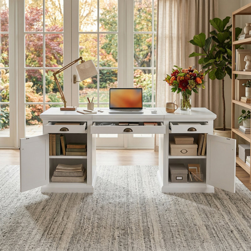 67.8" Farmhouse Spacious Desktop Executive Desk with Drawers, File Cabinet and Power Outlets, Solid Door
