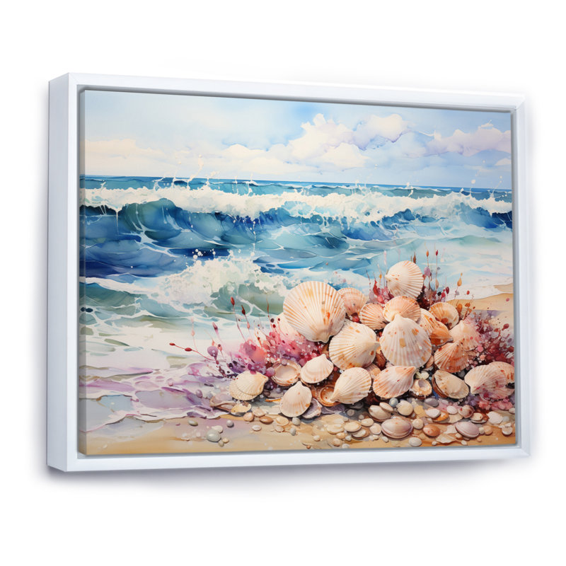 «Beah Beach Tranquil Tide Pointillism I», reproduction d'art sur toile, 16" H x 32" W, Cadre flottant blanc