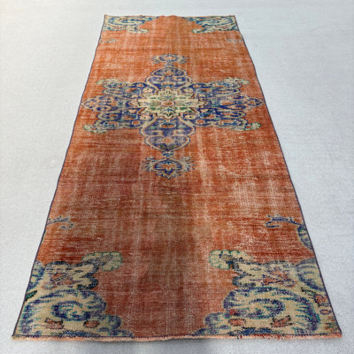 Tapis rétro en laine orange, patchwork 43,7 x 104,3 pouces