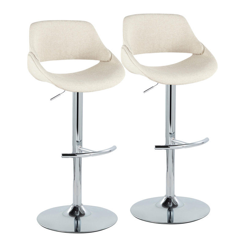 Najrin Adjustable Upholstered Bar Stool with Rounded T Footrest (Set of 2), Cream Fabric/Chrome Frame