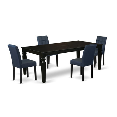 L'ensemble de 5 tables de cuisine comprend une table de salle à manger et 4 chaises en tissu de polyester bleu marine foncé de style Mid-Century avec dossier élégant - finition noire