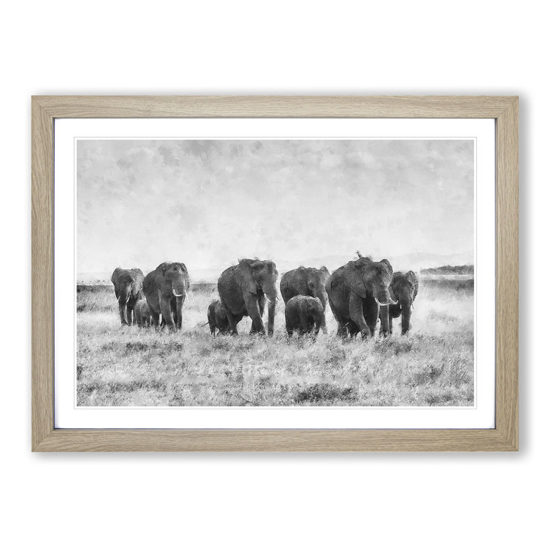 Herd of Elephants Roaming - Picture Frame Painting Print, Oak Framed, 45cm H x 63cm W x 2cm D