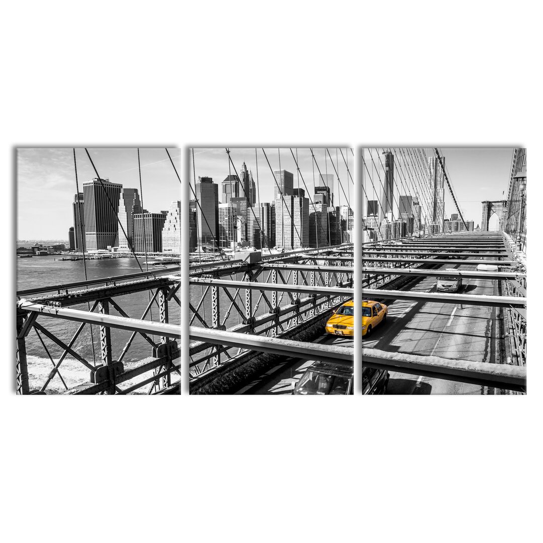 3-tlg. Leinwandbilder-Set Gelbes Taxi in New York auf Brücke