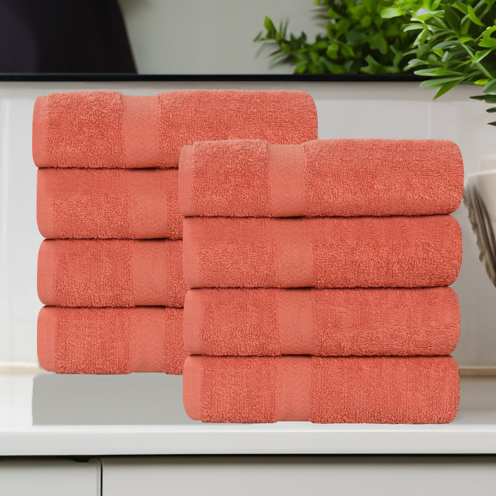 Quick-Drying Cotton Washcloth, Coral, 8 Pieces Towel Set