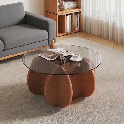 Table basse ronde moderne pour le salon, centre de table Mid-Century avec plateau en verre trempé et base en bois de noyer