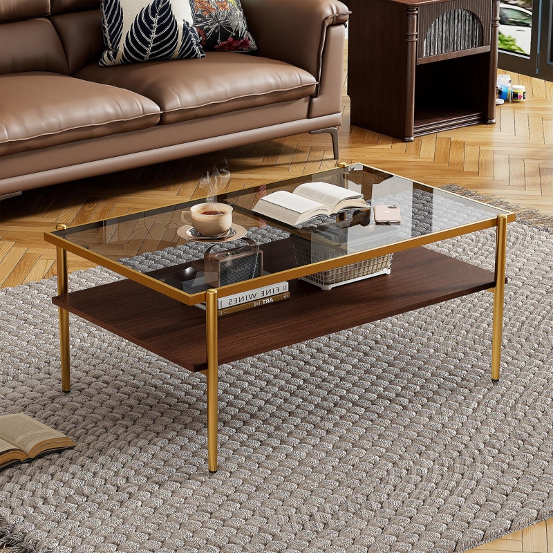 Table basse rectangulaire avec plateau en verre trempé gris et pieds dorés, table moderne pour le salon, Brun