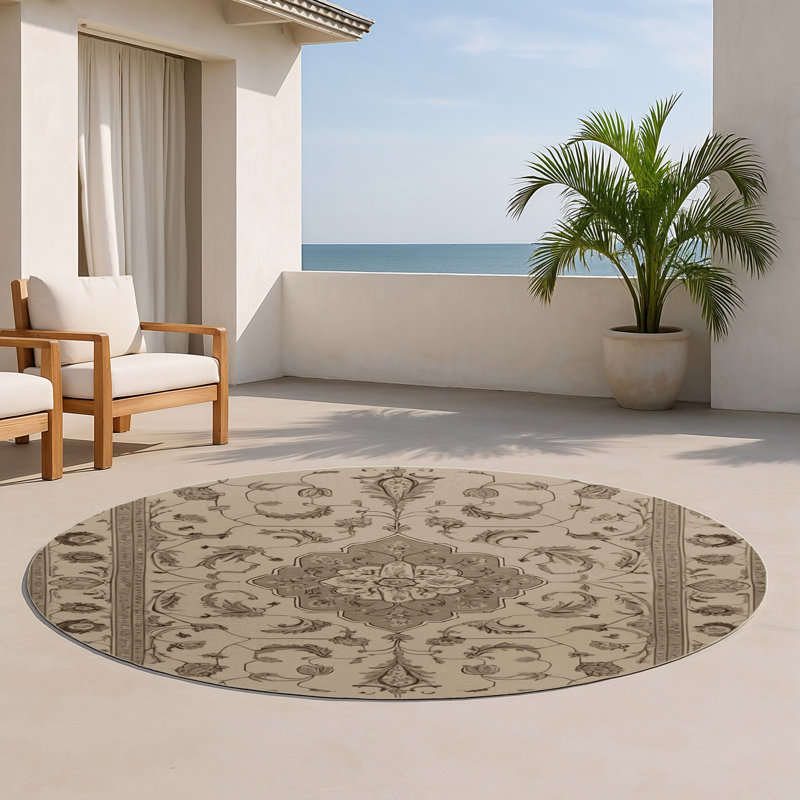 Tapis gris d'intérieur et d'extérieur Tabriz, Rond 5 pi