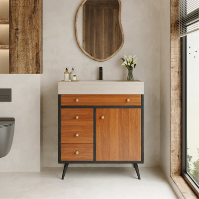 Meuble-lavabo moderne autoportant avec lavabo en céramique et plateau en pierre frittée
