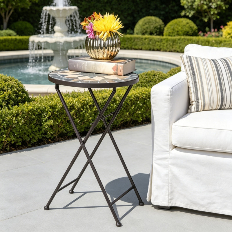 SILVESTER END TABLE With Stone Mosaic Top And Foldable Design For Versatile Outdoor Use, Perfect For Patio And Backyard Decor.