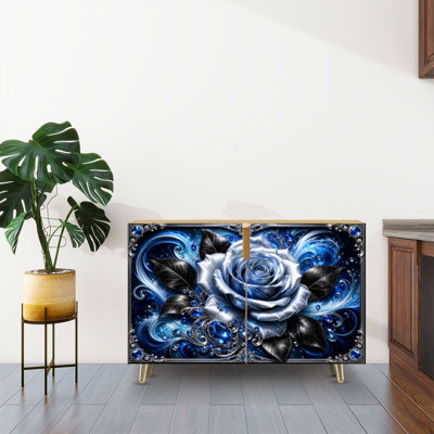 Buffet avec rangement et détails décoratifs ornés de roses bleues et ornées de bijoux avec 2 portes pour le salon et la cuisine
