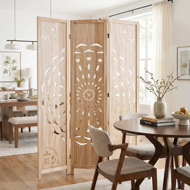 Paravent 6 panneaux pliant avec motif pivoine, finition bois clair, 3, Bois