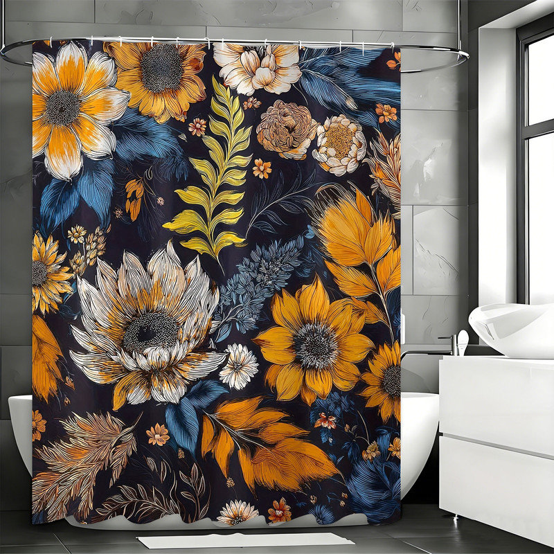 Rideaux de douche Ã  motifs floraux avec crochets inclus, Blue