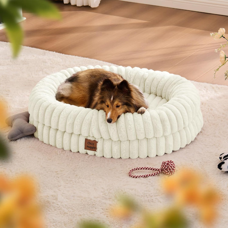 Lit pour chien de taille moyenne - luxueux canapé imperméable en fausse fourrure avec housse amovible et lavable, lit orthopédique pour animal de compagnie avec traversins pour dormir, crème
