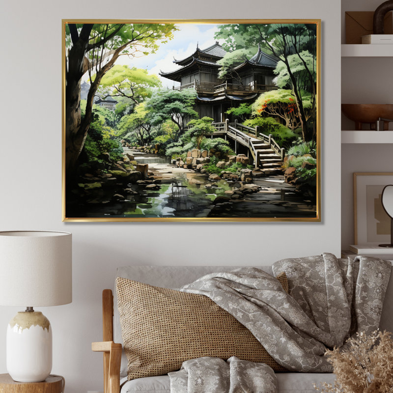 «Japon Zen Garden Serenity I», reproduction sur toile, Cadre flottant doré, H 34 po x l 44 po x P 1,5 po