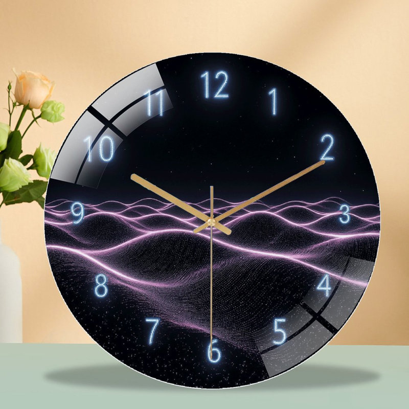 Digital Neon Clock Atmospheric Wave Design Art - 12'' Modern Glass Wall Clock