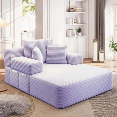 Canapé-lit convertible sans cadre en velours côtelé avec poche de rangement latérale et trois coussins décoratifs