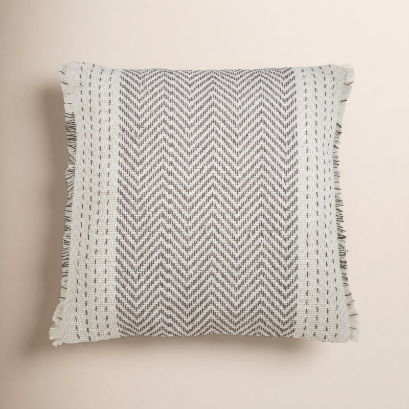 Carey Fringed Cotton Throw Pillow, Feathers, Gray/Ivory
