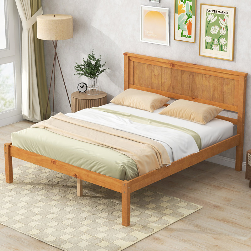 Platform Bed Frame With Headboard, Full, Oak