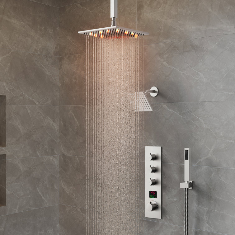 Thermostatic Digital Shower System Set ,12" LED Rainfall Shower Head with Rough-In Valve