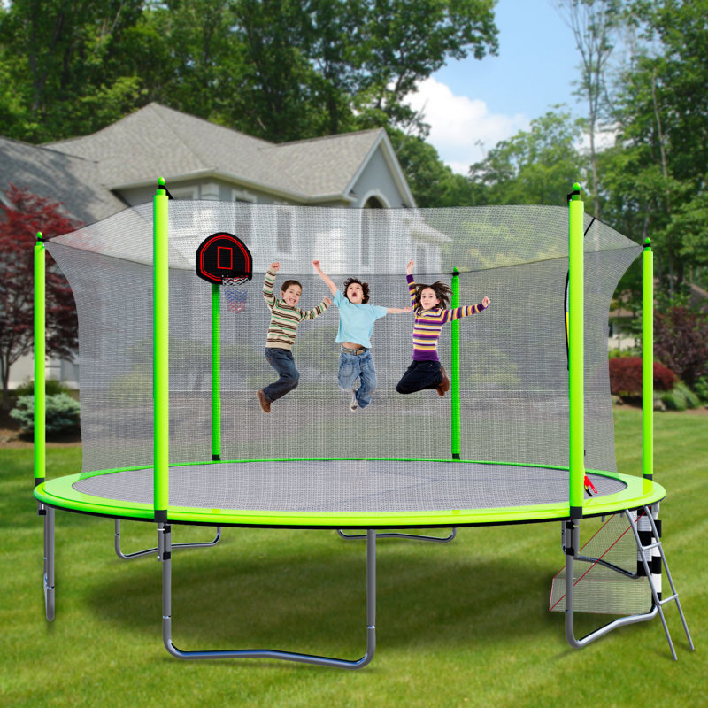 Trampoline 16 pi avec pompe à panier et échelle (enceinte de sécurité intérieure) avec but de soccer, Vert