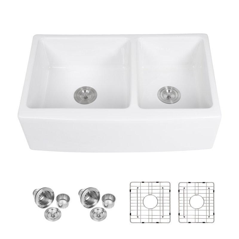 33" L x 21" W Farmhouse Double Bowl 60/40 Ceramic Kitchen Sink White Ceramic Apron Front Sink
